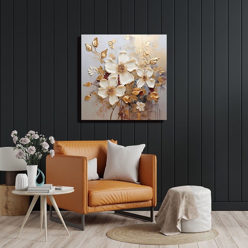 White and Gold Flower Wall Art Canvas or Poster Flower Wall Etsy