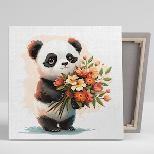 Panda Blooming Embrace Art, Canvas or Poster, Whimsical Minimalist Decor, Nursery Children&#39;s Room Living Room Bedroom Wall Art, Panda Decor