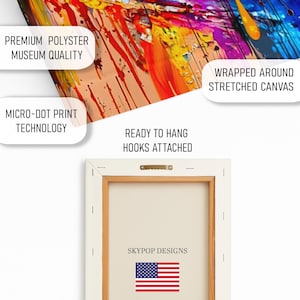 May include: Abstract art canvas print with a wooden frame. The back of the canvas features a wooden frame, ready to hang with hooks attached. The canvas is wrapped around the frame and features the text "SKYPOP DESIGNS" and the American flag.