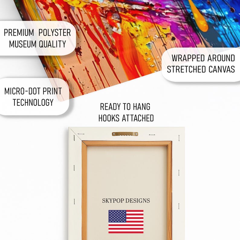 May include: Abstract art canvas print with a wooden frame. The back of the canvas features a wooden frame, ready to hang with hooks attached. The canvas is wrapped around the frame and features the text "SKYPOP DESIGNS" and the American flag.