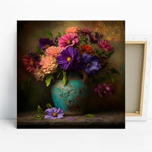 Dahlia Floral Art, Canvas or Poster, Traditional Rustic Decor, Living Room Dining Room Bedroom Entryway Art, Purple Pink Green Multicolor