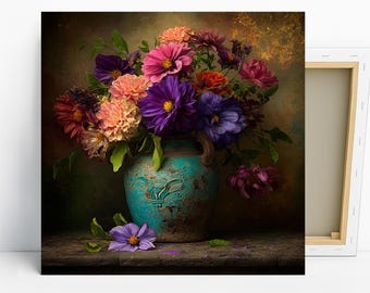Arte floral de dalias, lienzo o póster, decoración rústica tradicional, arte para la entrada de la sala de estar, comedor, dormitorio, morado, rosa, verde y multicolor.