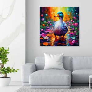 May include: A colorful painting of a duck walking through a field of flowers. The duck is blue, green, and white, and the flowers are pink, purple, and yellow. The background is a blur of green and blue.