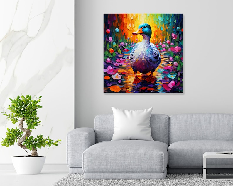 May include: A colorful painting of a duck walking through a field of flowers. The duck is blue, green, and white, and the flowers are pink, purple, and yellow. The background is a blur of green and blue.