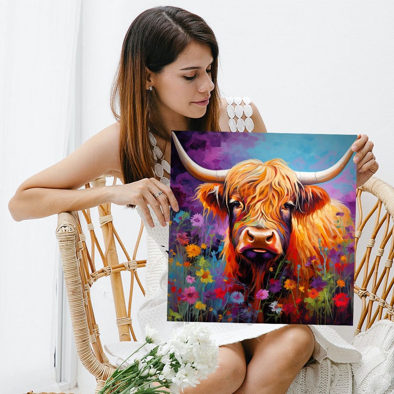 Pu&ograve; includere: Un dipinto di una mucca delle Highlands con pelo lungo e irsuto, in piedi in un campo di fiori selvatici colorati. La mucca ha un viso marrone e bianco e grandi occhi scuri. Lo sfondo &egrave; un cielo vibrante viola e blu.