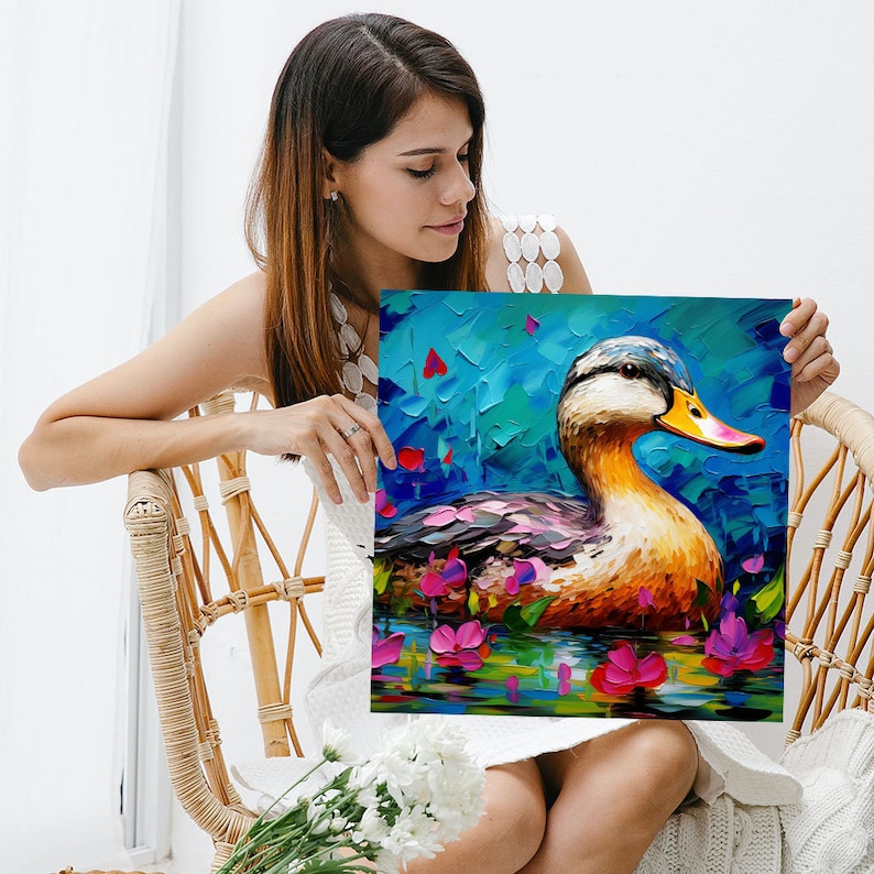 May include: A colourful painting of a duck swimming in a pond with pink flowers. The duck has a yellow beak and a blue head. The background is a vibrant blue with green and pink accents.