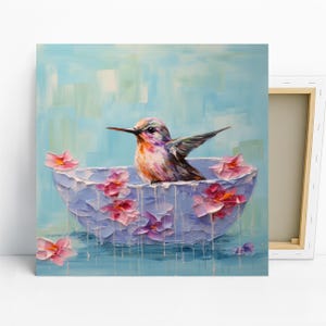 Hummingbird Art, Poster or Canvas, Whimsical Modern Bohemian Decor, Living Room Bedroom Sunroom Wall Art, Blue Pink Multicolor White image 1