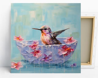 Hummingbird Art, Poster or Canvas, Whimsical Modern Bohemian Decor, Living Room Bedroom Sunroom Wall Art, Blue Pink Multicolor White
