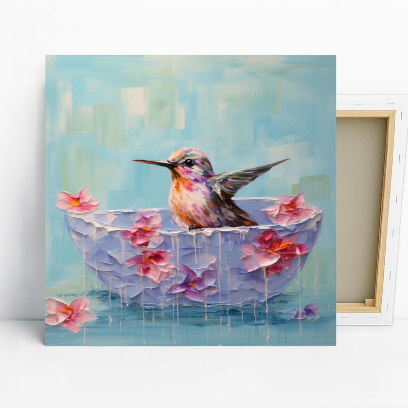 Hummingbird Art, Poster or Canvas, Whimsical Modern Bohemian Decor, Living Room Bedroom Sunroom Wall Art, Blue Pink Multicolor White image 1