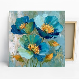 Blue Floral Breeze Art, Poster or Canvas, Impressionism Coastal Decor, Living Room Bedroom Dining Room Wall Art, Blue Teal Gold Green