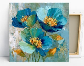 Blue Floral Breeze Art, Poster or Canvas, Impressionism Coastal Decor, Living Room Bedroom Dining Room Wall Art, Blue Teal Gold Green