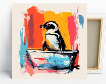 Penguin Art, Canvas or Poster, Abstract Pop Art Decor, Living Room Office Wall Art, Multicolor Blue Red Yellow, Modern Minimalist