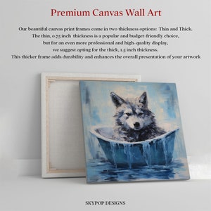 May include: A painting of a wolf pup sitting in a blue bathtub. The wolf pup is wet and has a white chest. The background is a light blue with a white border. The painting is on a canvas with a wooden frame.