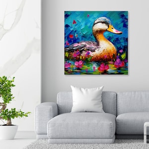May include: A colourful painting of a duck swimming in a pond with pink flowers. The duck has a yellow beak and brown and grey feathers. The background is a blue and green abstract design.