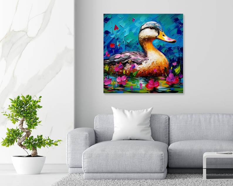 May include: A colourful painting of a duck swimming in a pond with pink flowers. The duck has a yellow beak and brown and grey feathers. The background is a blue and green abstract design.