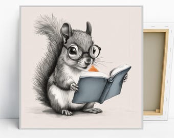 May include: A framed canvas print features a charming illustration of a gray squirrel wearing round glasses and reading a blue book. The squirrel is depicted in a detailed, pencil-sketch style against a soft, neutral background. The artwork evokes a sense of whimsy and intellectual curiosity.