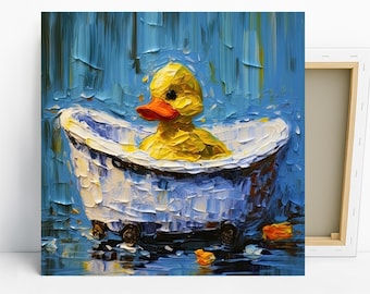 Duck Bath Time Art, Canvas or Poster, Whimsical Bohemian Decor, Childrens Room Bathroom Nursery Wall Art, Yellow Blue Orange White