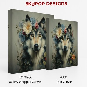 Wolf Floral Crown Art, Canvas or Poster, Rustic Farmhouse Decor, Living Room Bedroom Entryway Children Room Art,Multicolor Green Yellow Grey image 2