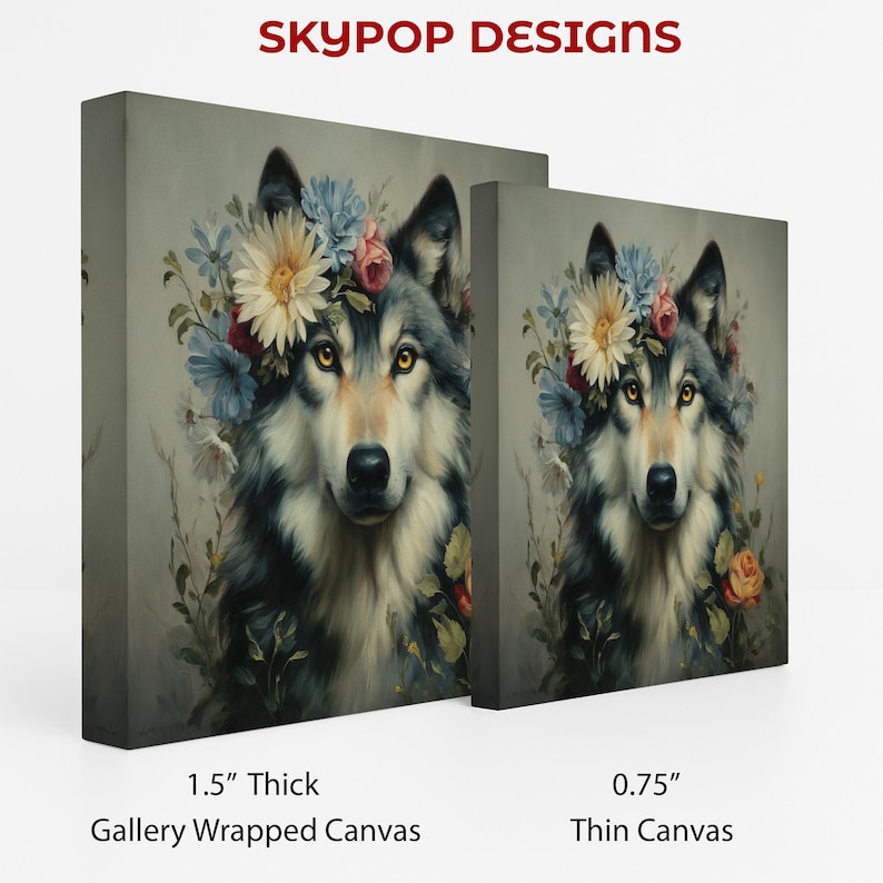 Wolf Floral Crown Art, Canvas or Poster, Rustic Farmhouse Decor, Living Room Bedroom Entryway Children Room Art,Multicolor Green Yellow Grey image 2