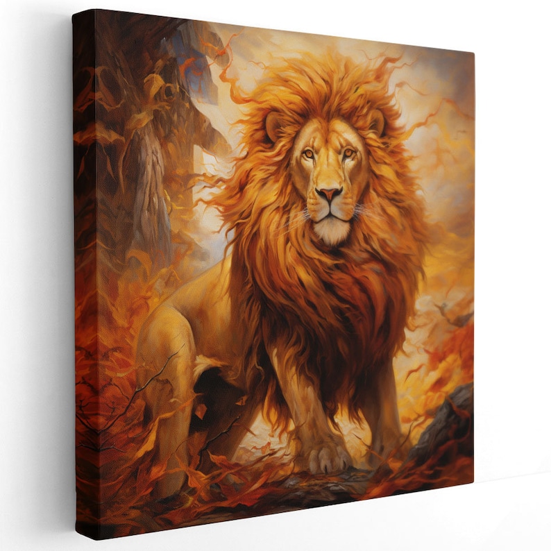 Puede incluir: Un majestuoso le&oacute;n con una melena fluida se encuentra en un entorno boscoso. El pelaje del le&oacute;n es de un rico color naranja y marr&oacute;n, y sus ojos son de un verde penetrante. El fondo es un borr&oacute;n de hojas naranjas y marrones, creando una sensaci&oacute;n de profundidad y movimiento.