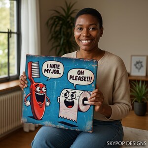 Arte de cepillo de dientes y papel higiénico, lienzo o póster, decoración bohemia de estilo pop art, arte de pared para sala de juegos, oficina, azul, rojo y blanco. imagen 10