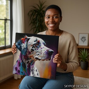 Dalmatiner Hund Kunst, Leinwand oder Poster, zeitgenössische Boho Glam Dekor, Wohnzimmer Büro Schlafzimmer Eingangsbereich Kunst, mehrfarbig schwarz weiß lila Bild 10