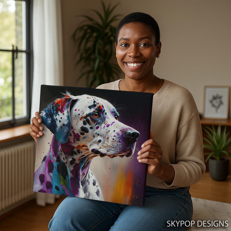 Dalmatiner Hund Kunst, Leinwand oder Poster, zeitgenössische Boho Glam Dekor, Wohnzimmer Büro Schlafzimmer Eingangsbereich Kunst, mehrfarbig schwarz weiß lila Bild 10