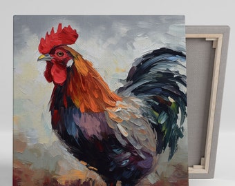 May include: A colorful painting of a rooster with a red comb and wattle. The rooster is facing the left side of the image and has a black, gray, and white tail. The background is a light gray with hints of blue and yellow.