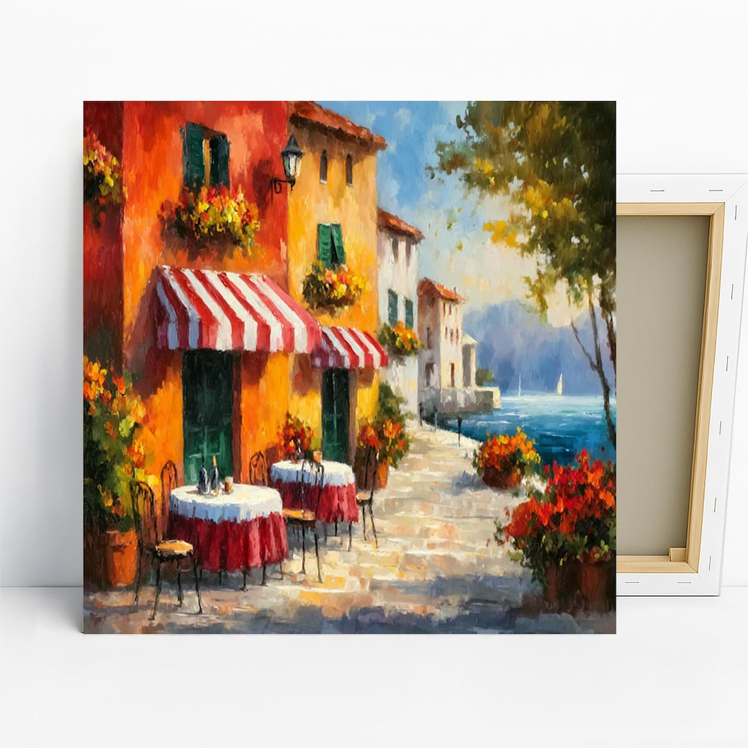 Italian Cafe Lakeside View Art, Canvas or Poster, Impressionism