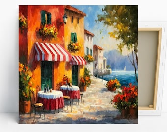 Italian Cafe Lakeside View Art, Canvas or Poster, Impressionism Coastal Traditional Decor, Living Room Dining Room Wall Art, Orange Red Blue