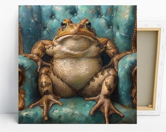 Frog King Art, Canvas or Poster, Contemporary Glam Decor, Living Room Office Wall Art, Teal Brown Gold, Victorian Traditional