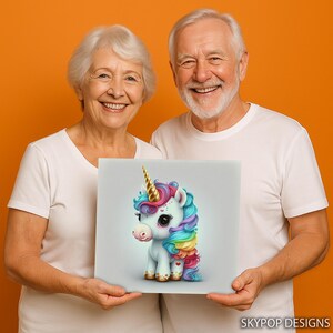 Arte de unicornio, lienzo o póster, decoración de píxeles caprichosa, arte de pared para habitación infantil, dormitorio, sala de juegos, guardería, multicolor, rosa, azul y dorado. imagen 4