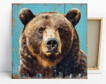 Bear Art, Canvas or Poster, Vintage Rustic Farmhouse Decor, Living Room Entryway Bedroom Office Wall Art, Brown Blue Multicolor Black