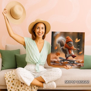 Squirrel Skateboarding Art, Canvas or Poster, Whimsical Bohemian Decor, Living Room Bedroom Office Art, Brown Orange Yellow Multicolor Art 画像 10