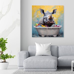 May include: A white rhinoceros taking a bath in a white bathtub with colorful flowers and water splashing around it. The background is a yellow and blue abstract painting.