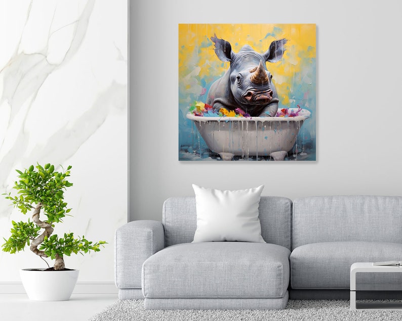 May include: A white rhinoceros taking a bath in a white bathtub with colorful flowers and water splashing around it. The background is a yellow and blue abstract painting.