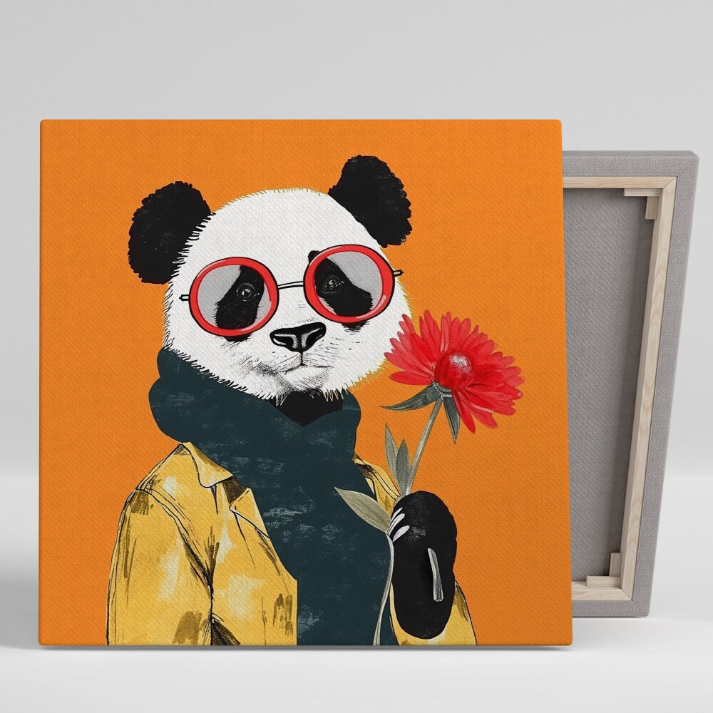 Hipster Panda Flower Power Art, Canvas or Poster, Whimsical Pop