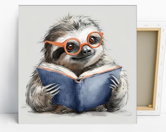 May include: A canvas print featuring a cartoon sloth wearing orange glasses and reading a blue book. The sloth has gray and white fur and a smiling expression. The artwork is set against a light gray background.