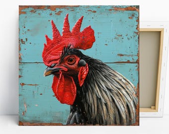 Rooster Art, Canvas or Poster, Farmhouse Rustic Decor, Kitchen Entryway Wall Art, Teal Red Brown, Living Room Dining Room Animal Print