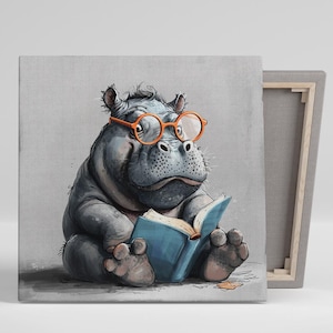 Nilpferd Kunst, Leinwand oder Poster, Whimsical Animal Decor, Kinderzimmer Büro Bibliothek Wohnzimmer Wandkunst, Grau Orange Blau Weiß