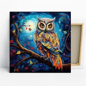Owl Art, Poster or Canvas, Bohemian Contemporary Decor, Living Room Bedroom Office Entryway Wall Art, Multicolor Blue Yellow Orange