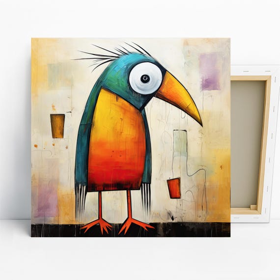 Bird Art, Poster or Canvas, Whimsical Bohemian Minimalist Decor, Living Room Bedroom Office Entryway Wall Art, Multicolor Yellow Orange Teal