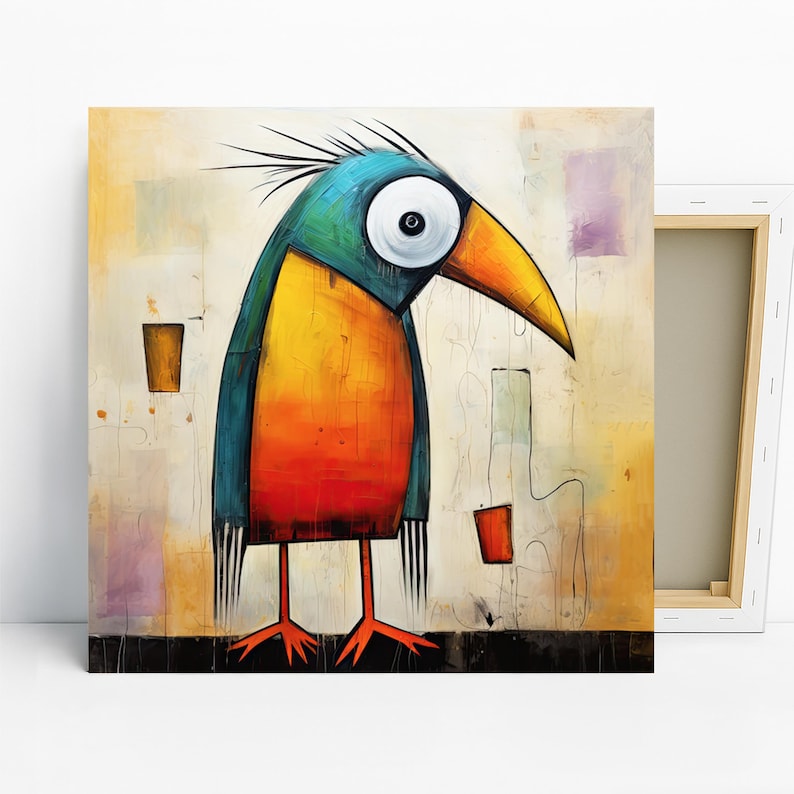 Bird Art, Poster or Canvas, Whimsical Bohemian Minimalist Decor, Living Room Bedroom Office Entryway Wall Art, Multicolor Yellow Orange Teal image 1