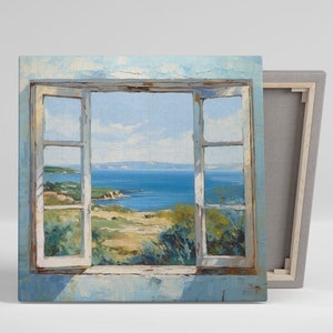 Blue Window Wall Art, Canvas Or Poster, Window Frame Art, Living Room Decor, Landscape Art, Home Decor, Window Views, Vintage Windows