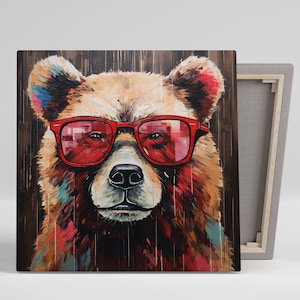 Abstract Bear Wall Art, Canvas Or Poster, Bear Art, Bear With Glasses Decor, Nursery Decor, Modern Wall decor, Red Art, Office Decor