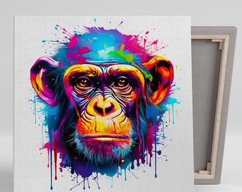 Chimpanzee Art, Canvas or Poster, Pop Art Eclectic Decor, Living Room Office Children's Room Game Room Wall Art, Multicolor Blue Yellow Pink