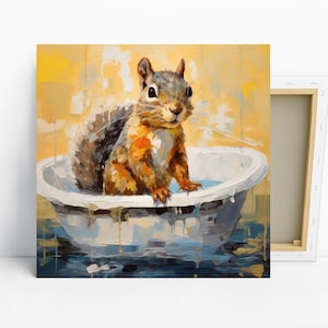 Squirrel Art, Canvas or Poster, Bohemian Modern Decor, Bathroom Living Room Nursery, Multicolor Yellow Blue Brown, Whimsical Animal Wall Art