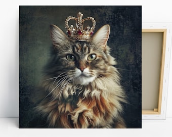 Cat Crown Art, Canvas or Poster, Pop Art Glam Decor, Living Room Bedroom Office Wall Art, Brown Gold Green Multicolor