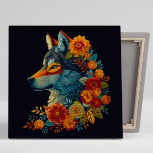 Arte de pared con espíritu de lobo floral, lienzo o póster, decoración de naturaleza caprichosa, arte de pared para sala de estar, dormitorio, oficina, habitación de niños, azul, naranja y rojo