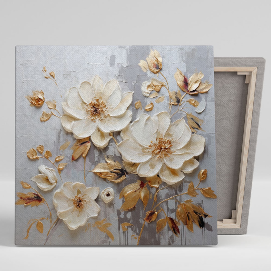 White and Gold Flower Wall Art, Canvas or Poster, Flower Wall Decor, Luxury Floral Art, Home
